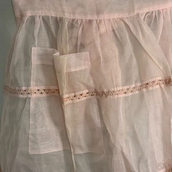 Vintage Pink Sheer Metallic Ric Rac Trim Apron Hand Made OOAK Pocket 22” Long - Picture 2 of 4